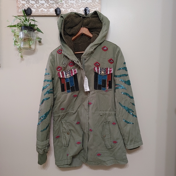 Desigual Jackets & Blazers - NWT Desigual Sequin Embroidered Military Hooded Jacket 2 in 1 Size 38 Small